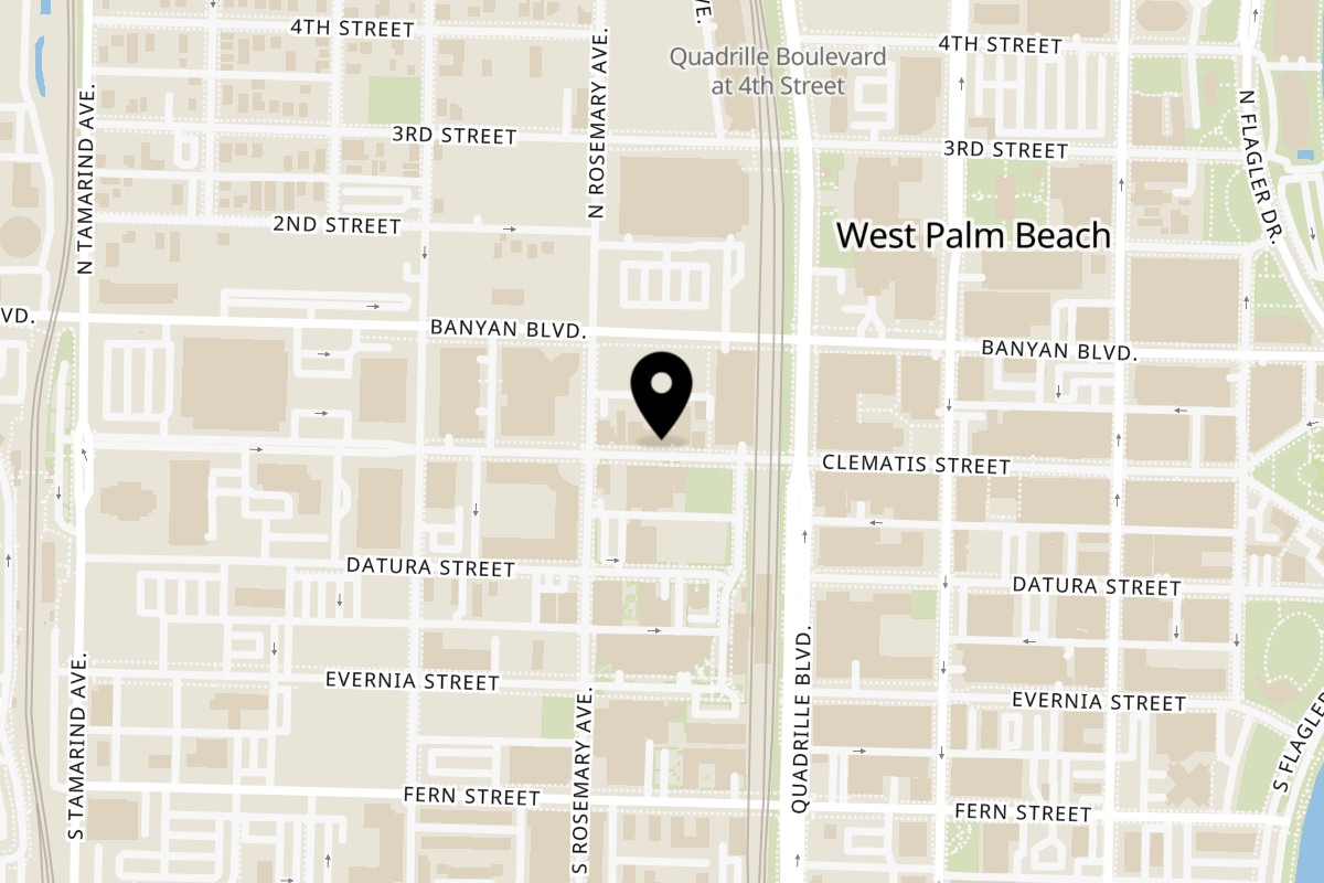 Map showing the location of Clematis Pizza on 523 Clematis St in West Palm Beach