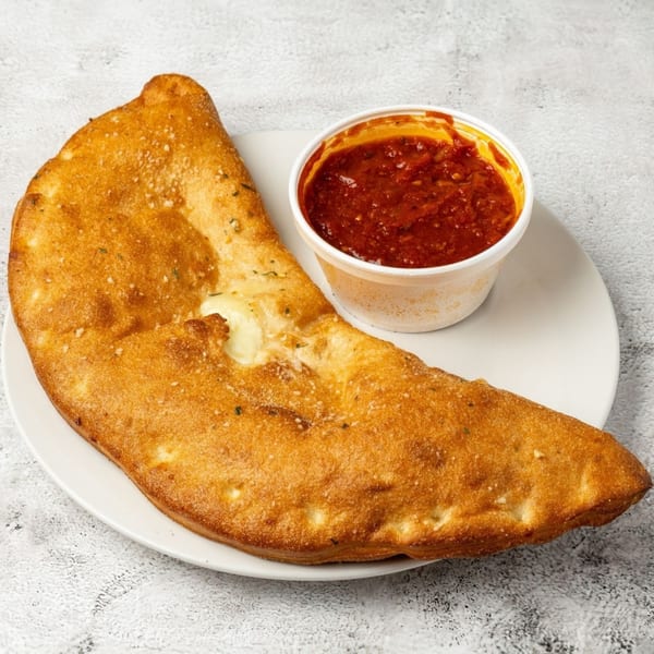 Golden-brown calzone with melted cheese on a white plate, served with a side of red marinara sauce.