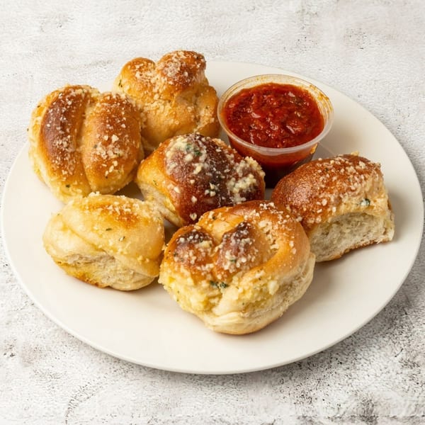 Six golden garlic knots with parmesan cheese and herbs, served with a side of marinara sauce.