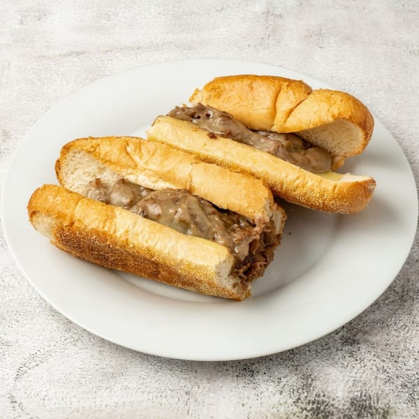 Two hearty cheesesteak sandwiches with melted cheese and meat on a white plate.