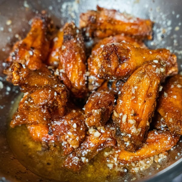 Close-up of crispy, golden-brown chicken wings coated in garlic and parmesan, resting in a pool of sauce.